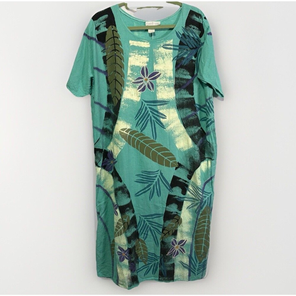 Vintage‎ Crazy Fish Womens Linen Maxi Dress XL Blue Artsy Beachy Boho Lagenlook